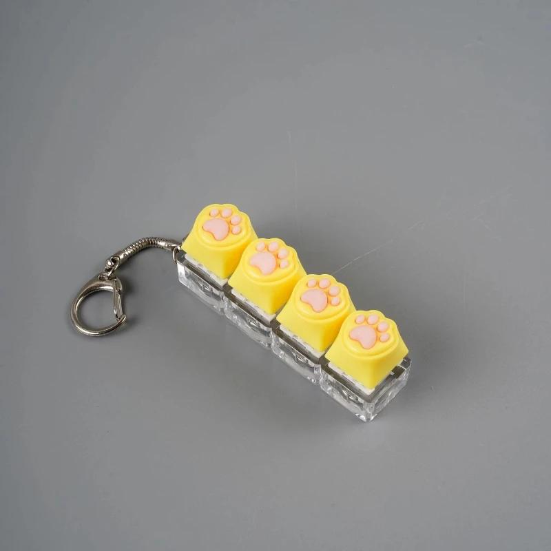 Cat Paw Glow Keychain Fidget Toy Light-Up Silicone Keyboard Button Stress Reliever Portable Clicker Keyring for Anxiety Desk