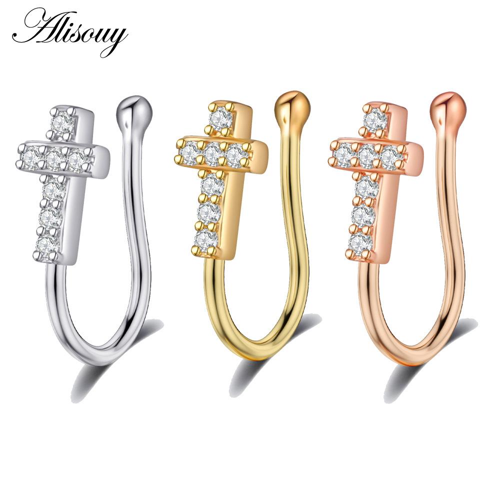 Alisouy 1pc Zirconia Fake Piercing Clip Nose Ring Body Jewelry for Women Ear Cuffs Heart Cross Star Leaf Flowers Clip Nose Rings