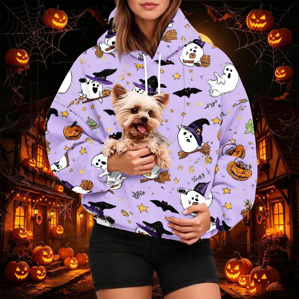 Women's Fashion Halloween Print Hoodie with Pet Pocket, Casual Pullover Sweatshirt for Fall