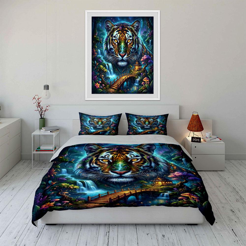 Mystical Tiger Forest Design Bedding Duvet Cover Set (1*Duvet Cover 2*Pillowcases, Without Duvet Insert)