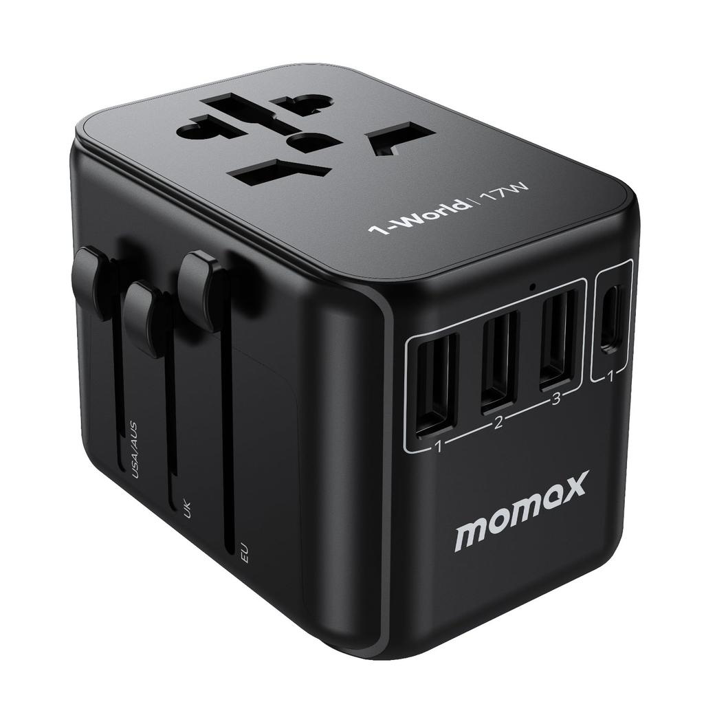 MOMAX 17W Uluslararası Seyahat Adaptörü, 5 Cihaz Eşzamanlı Şarj, 1 USB-C, 3 USB-A ve 1 AC Priz, Tek Port 15W Çıkış, Uluslararası Güç