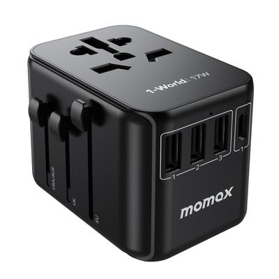 MOMAX 17W International Travel Adapter, 5-Device Simultaneous Charge, 1 USB-C, 3 USB-A, and 1 AC Outlet, Single Port 15W Output, International Power