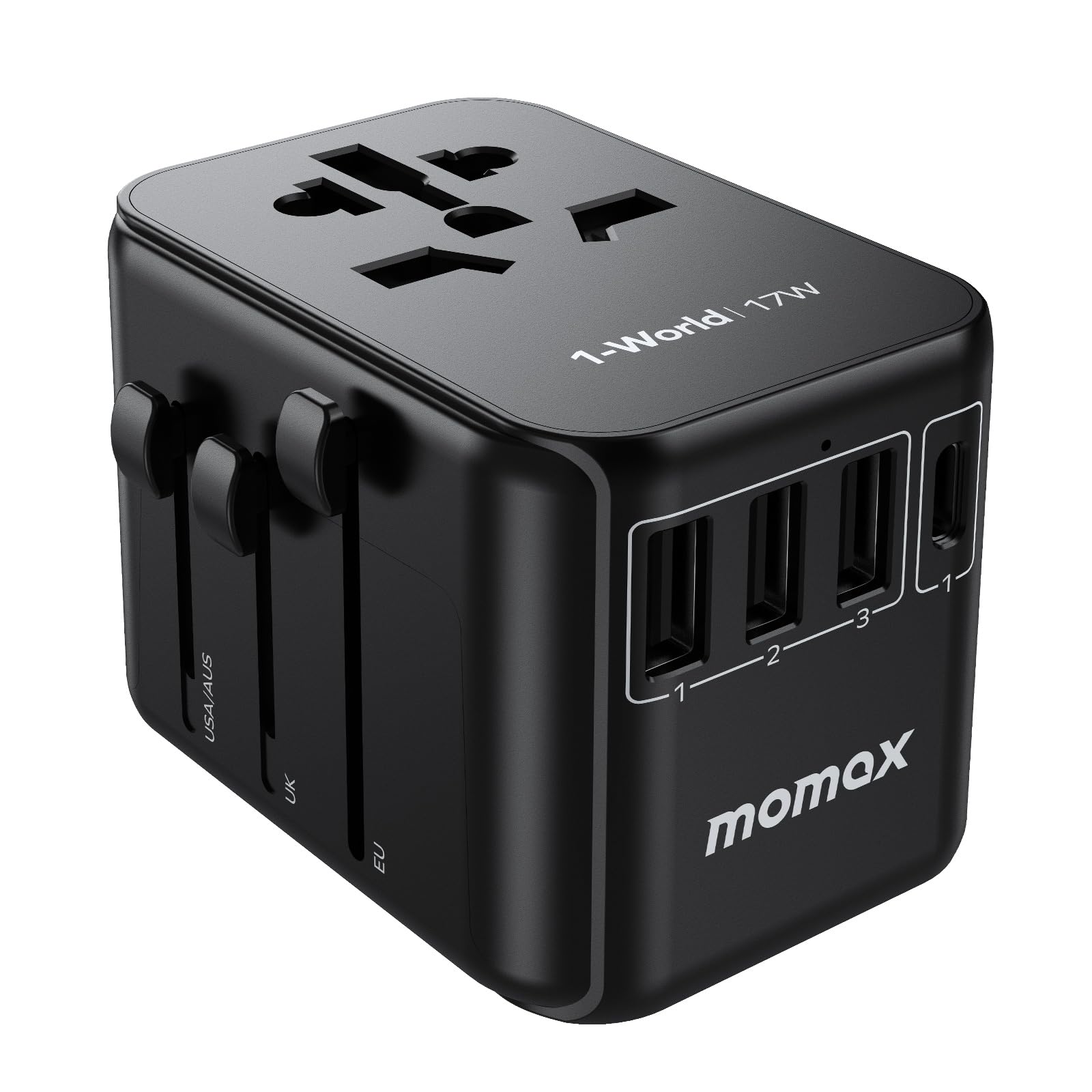 

MOMAX 17W International Travel Adapter, 5-Device Simultaneous Charge, 1 USB-C, 3 USB-A, and 1 AC Outlet, Single Port 15W Output, International Power