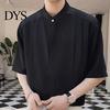 Formal Men Shirt Summer Stand Collar Ice Silk Solid Color Pleated Loose Fit Everyday Top Cardigan Half Sleeves Mid Length Casual Business Mature