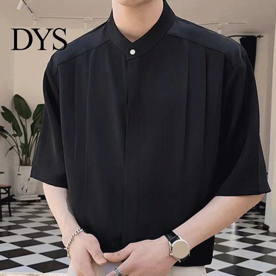 Formal Men Shirt Summer Stand Collar Ice Silk Solid Color Pleated Loose Fit Everyday Top Cardigan Half Sleeves Mid Length Casual Business Mature