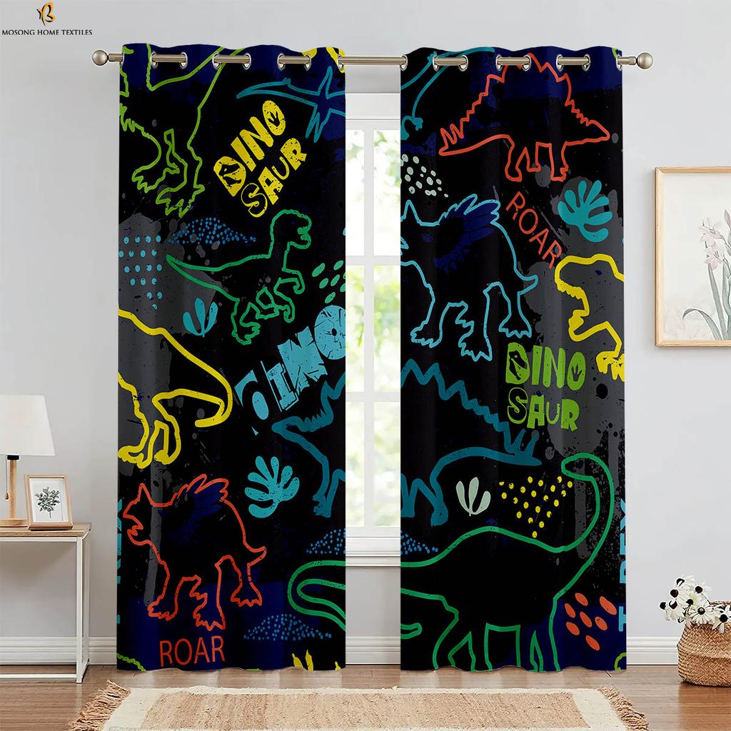 Set Of 2 Black White Dinosaur Cartoon Print Curtains Polyester Bedroom Living Room Kitchen Kids Decorative Curtain For Made