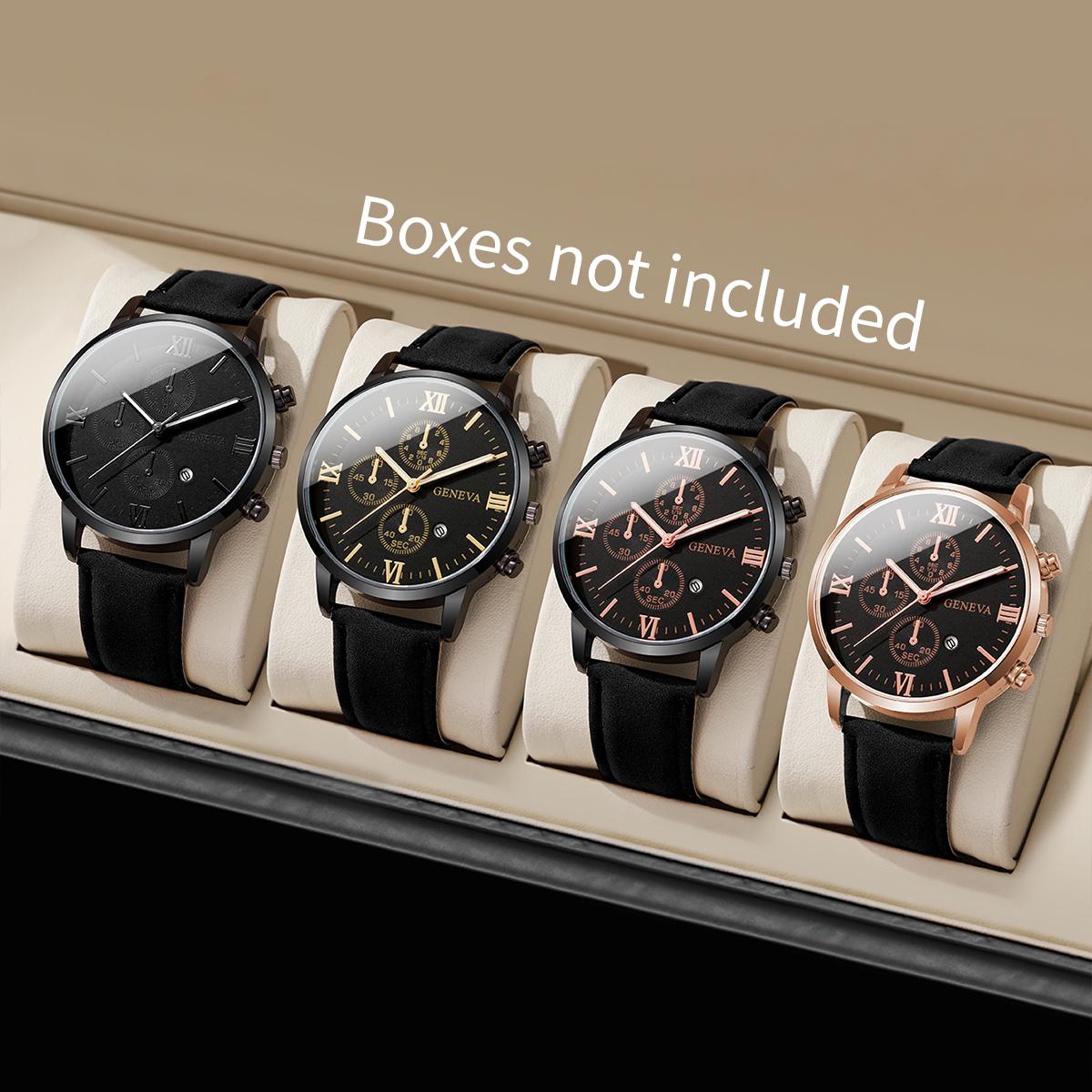 

4 шт./компл. Мужские красивые часы Простая римская шкала Трехглазый циферблат Мужской календарь Кожаный ремешок Кварцевые комбинированные часы (Нет коробки)