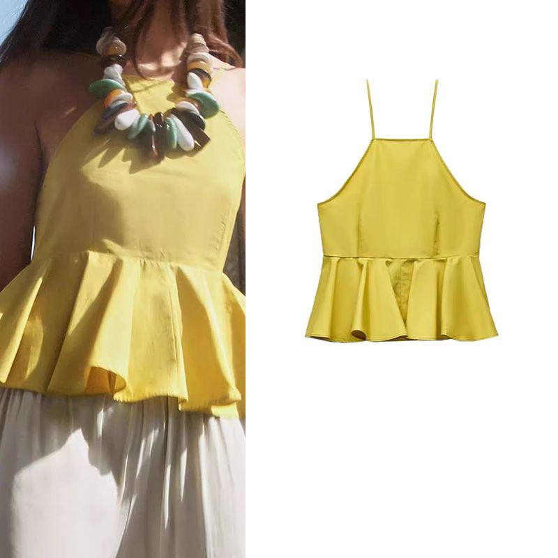 Spring/Summer New Women's Clothing Vacation Style Cotton Blended Poplin Hanging Collar Frill Vest Tops 3666089