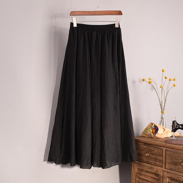 Women Summer Solid Vintage Pleated Long Skirts Ladies Elastic Waist Beach A-Line Skirt