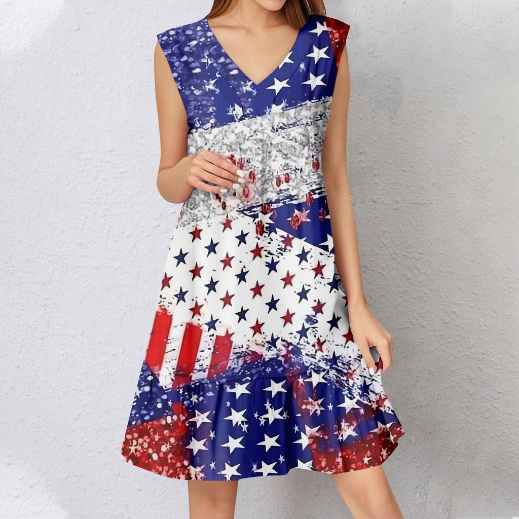 Womens Summer Dress Sleeveless V Neck  Independence Day Flag Print Short Dresses Fashion Casual Flowy Boho Ruffle A Line Swing Sundress