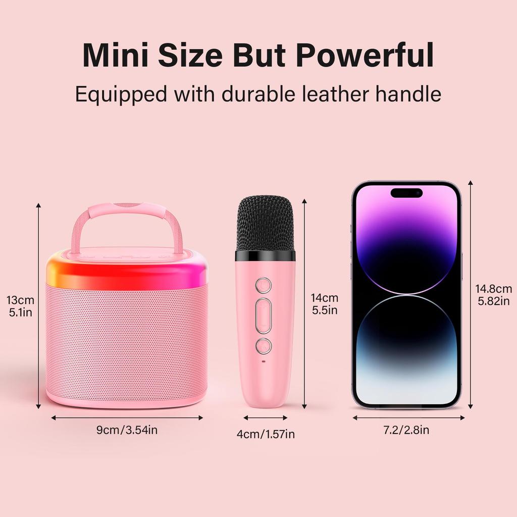 Mini Karaoke Machine voor Kinderen, Draagbare Bluetooth Karaoke Speaker Ongevoede Kasten met 1 Draadloze Microfoons en Feestverlichting voor Volwassenen(Roze)