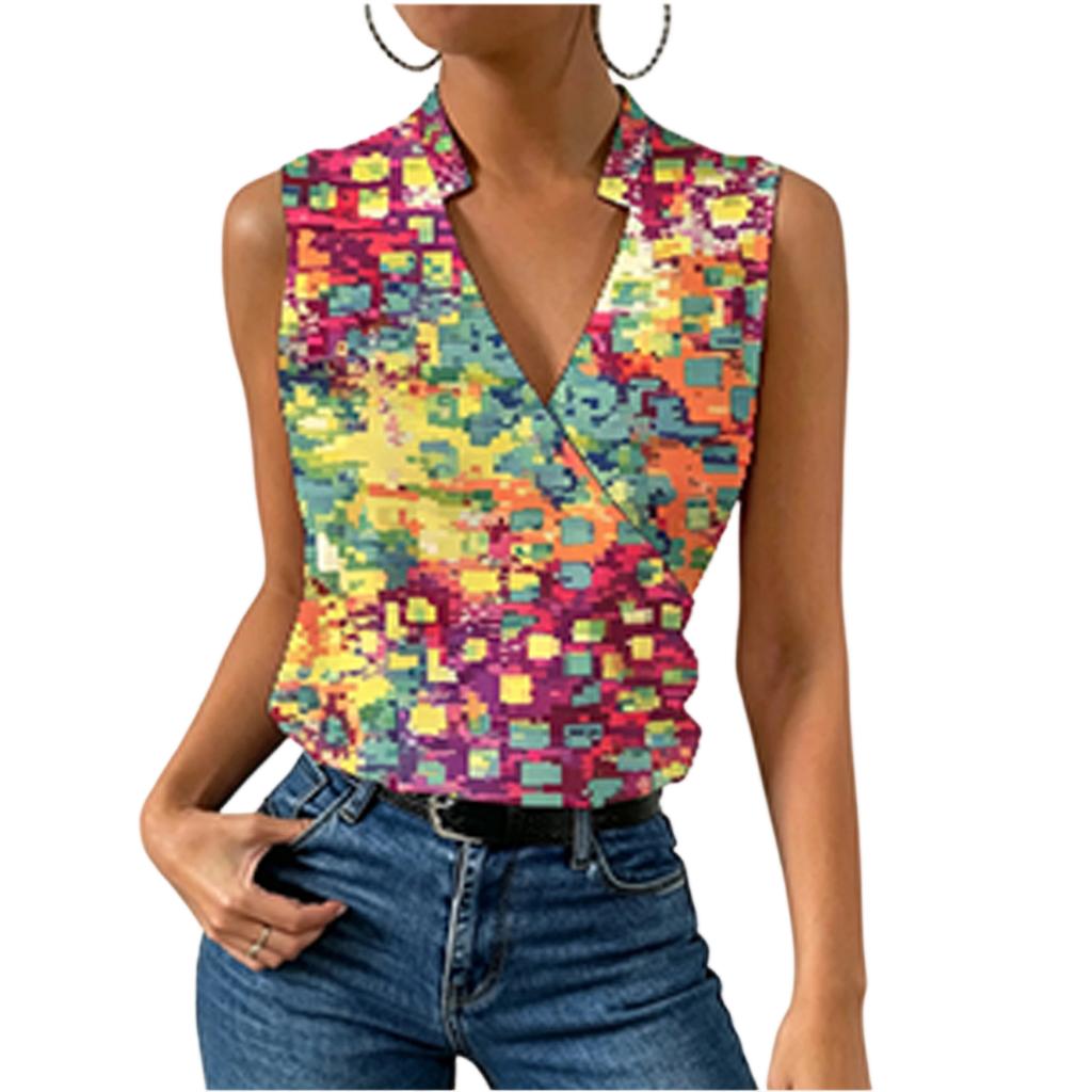 Women Sleeveless V Neck Casual Pullover Digital Print Top Blouse Lightweight Summer Shirt