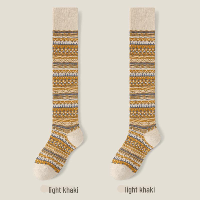 

Носки хлопковые в этническом стиле с двойной волной и ретро-полоской - Теплые, тонкие, высокие носки для осенне-зимних трендов. Light Khaki