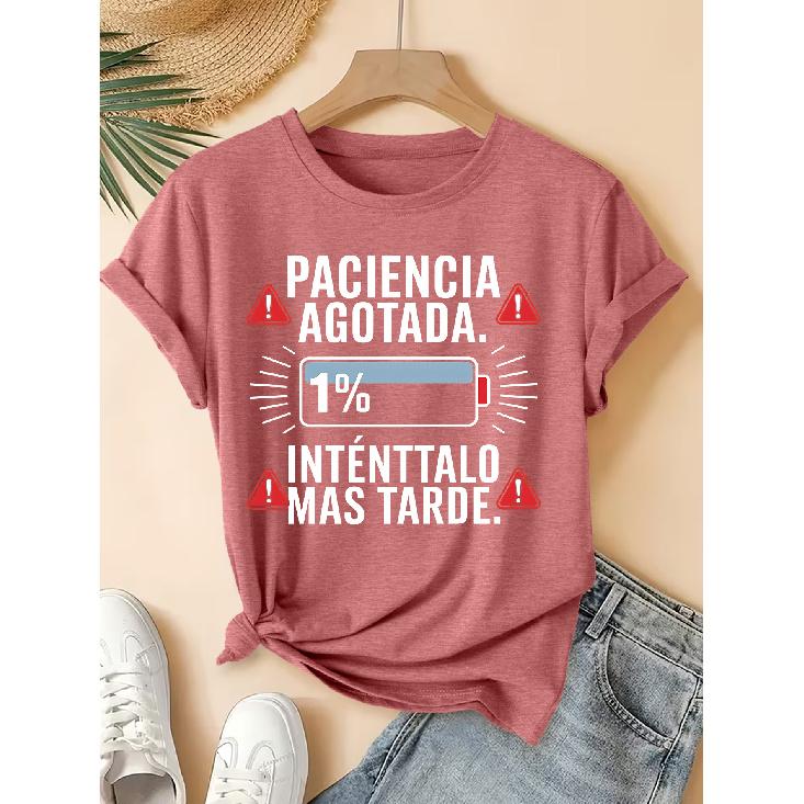 "Power" Spanish slogan printed pattern short-sleeve vintage distressed round neck T Fresh and natural style loose-fitting shirt 2026 Elegant spring