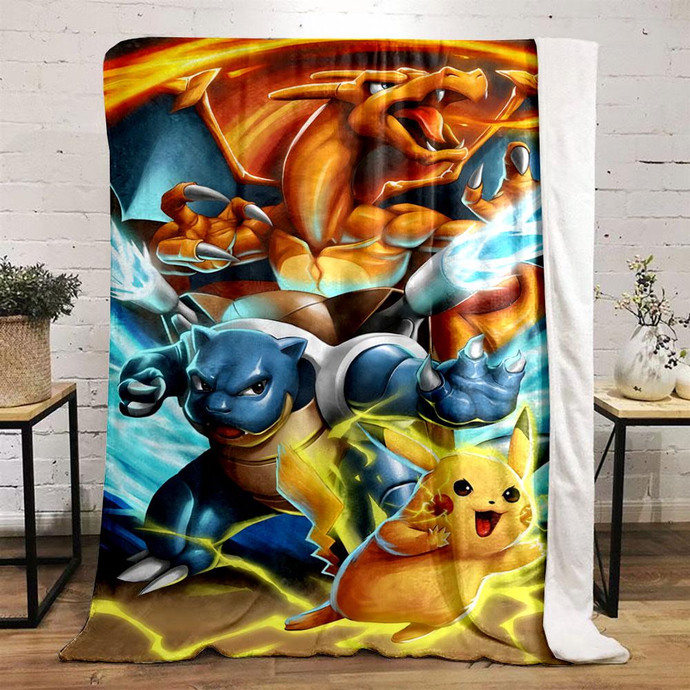 Three dynamic creatures with fire, water, and lightning-themed attacks. for all seasons blanket lunch break throw gift