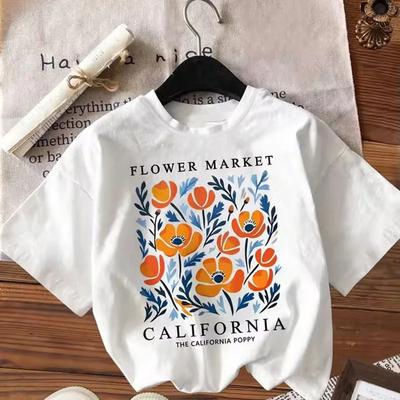 Flowers Market California Print T-Shirt Woman Soft Summer Tees Tops Casual O-Neck T Shirt Crewneck Short Sleeve Tshirt