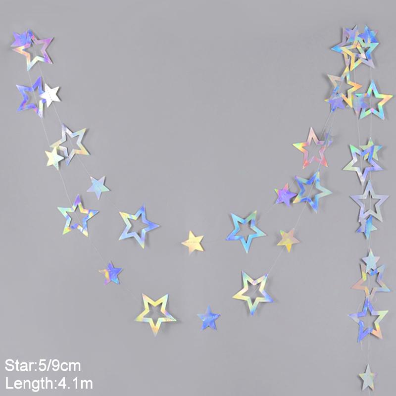 Laser Silver Paper Star Garland Banner Happy Birthday Party Decoration Girl Boy Baby Shower Wedding Christmas Wall Hanging Decor