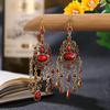 Creative Ethnic Long Antique Gold Color Earrings Vintage Boho Acrylic Rhinestone Geometric Hollow Drop Earrings Women Jewelry