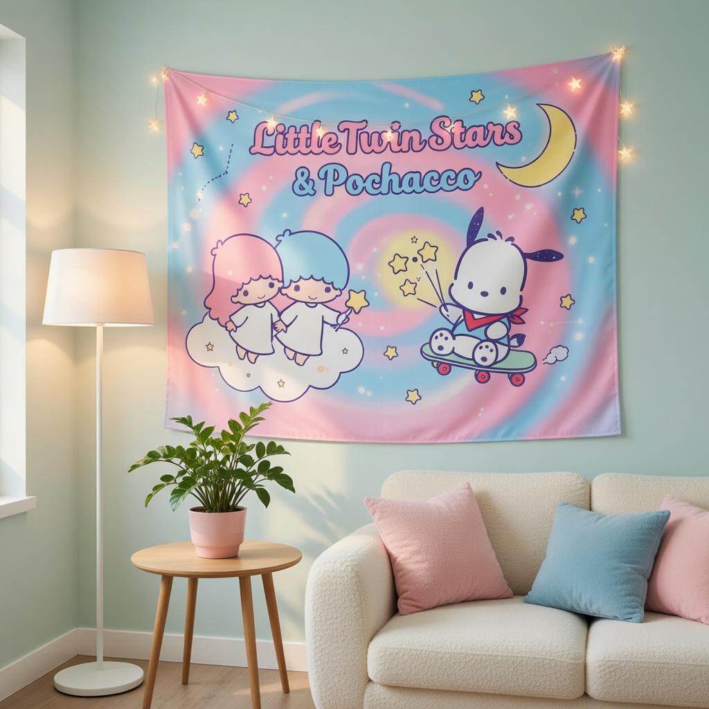 Kawaii Sanrio Wall Tapestry Aesthetic Pink Cartoon Room Decor Cute Anime Hanging Poster Perfect Birthday Gift for Girls