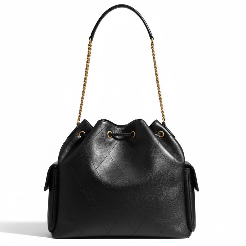 Tory Burch Charlie Drawstring Closure Leather Shoulder Bag Large Women shoulder bag Black 185830-001