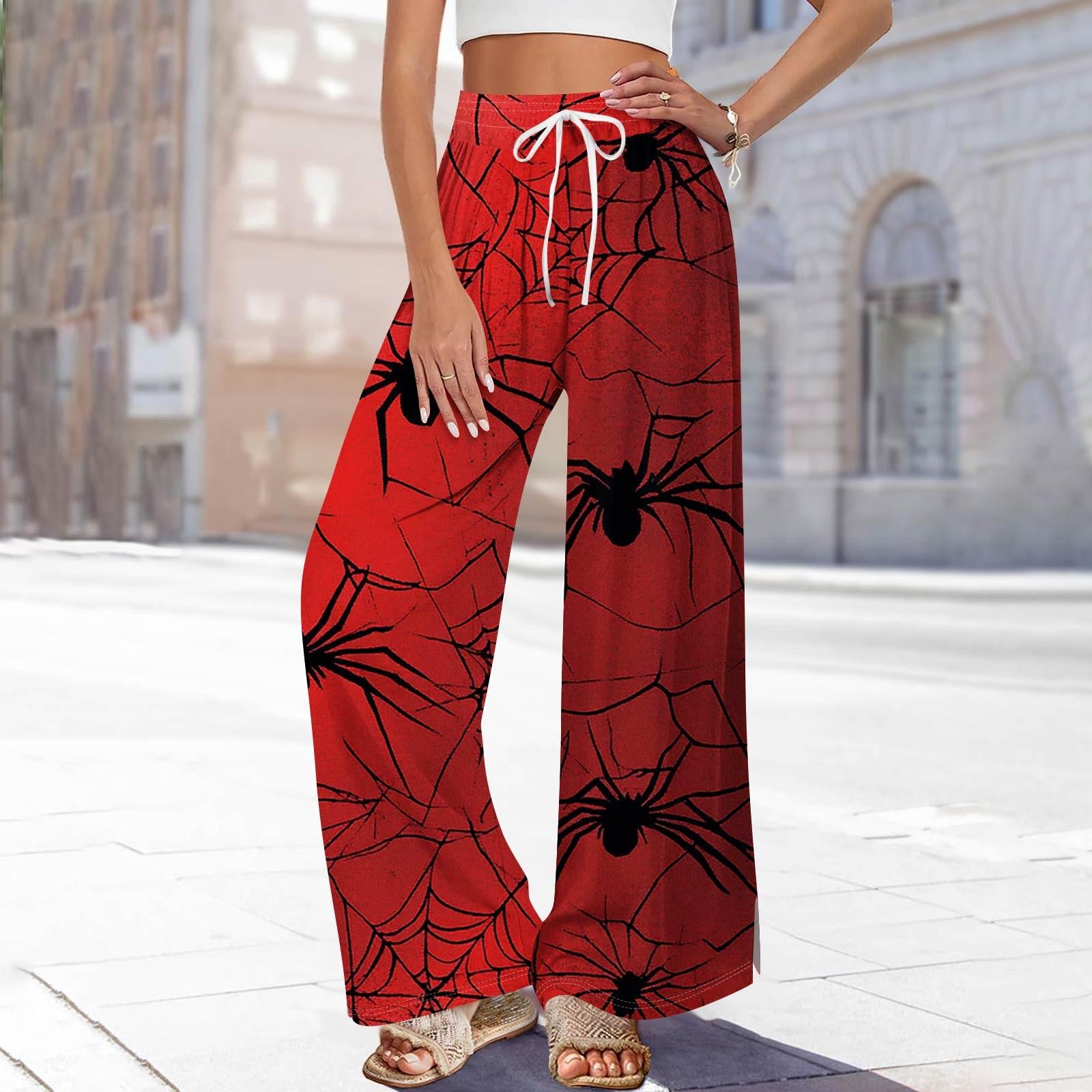 

Жіночі штани з принтом з широкими штанинами з кишенями, з високою посадкою, на кулісці, вільні повсякденні штани XL червоний