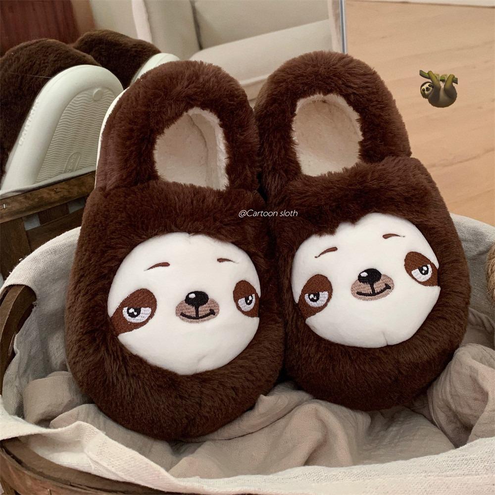 Fashion Indoor Cotton Slippers For Women Men Winter Warm Shoes Cute Cartoon Sloth Soft Plush Anti-slip Couples Home Floor Fluffy Shoes