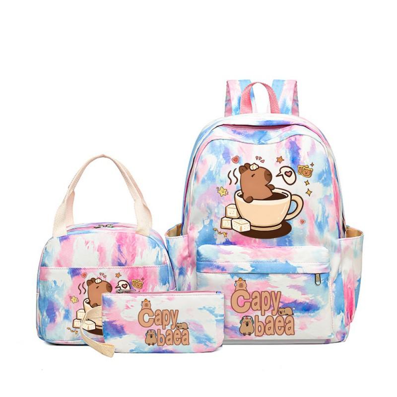 Capybara Cartoon Kids School Backpack Set With Pencil Case Lunch Bag - Large Capacity Breathable Waterproof Oxford Fabric
