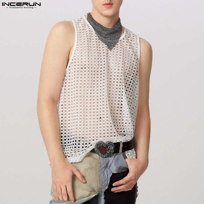 INCERUN Men Summer Hollow Sleeveless Vest Casual Loose Party Beach Net Yarn Tank Tops