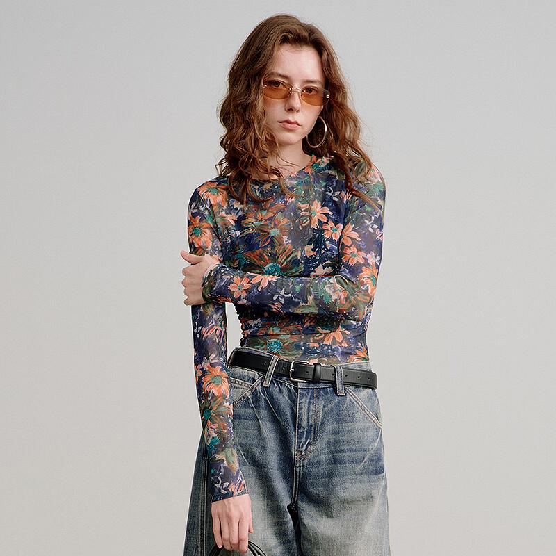 Chuyu Women's Mesh Print Long-Sleeve Top