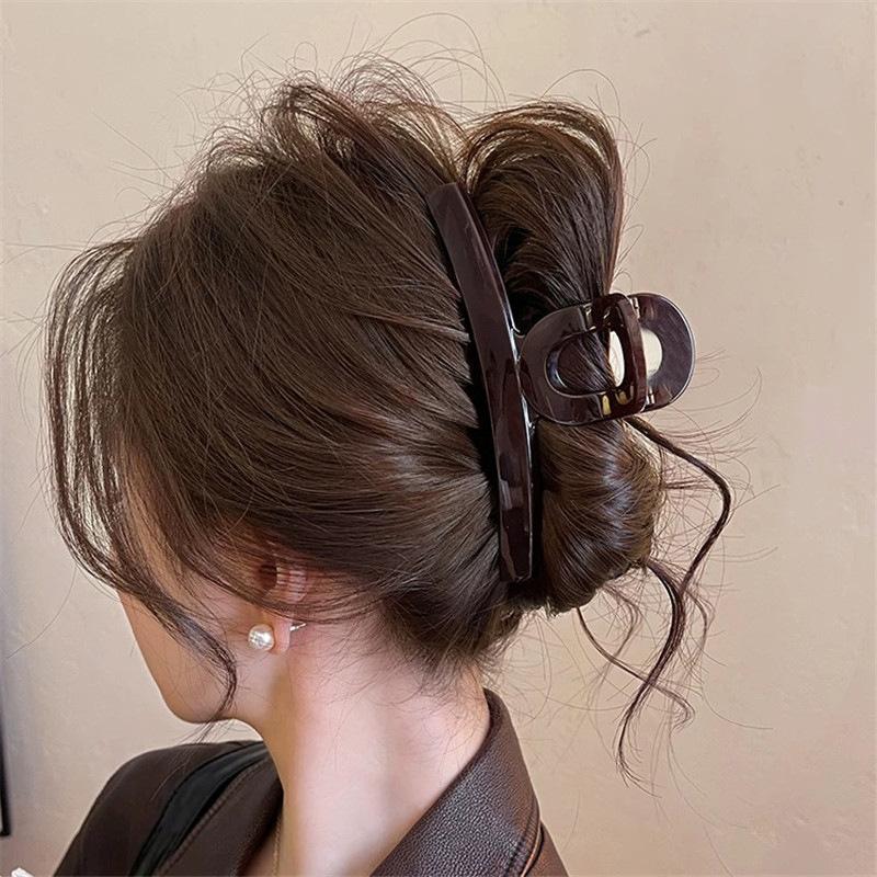 High-end chocolate brown one-word grabber large shark clip hairpin women's back head clip hair accessory