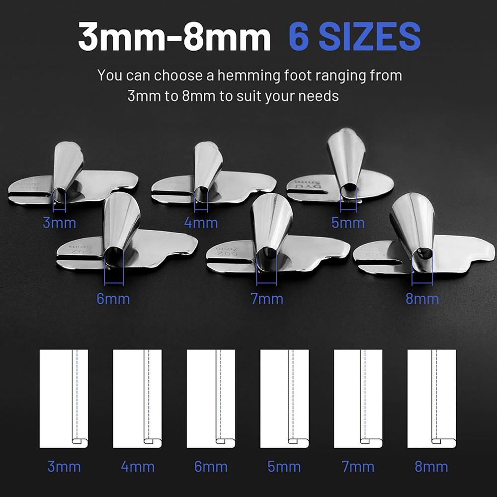 6Pcs 3mm-8mm Sewing Rolled Hemmer Foot Home Industrial Curved Scroll Hemmer Foot