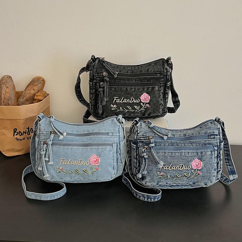 Jeansowa Haftowana Torba na Ramię Damska Torebka Miejska Torba Crossbody