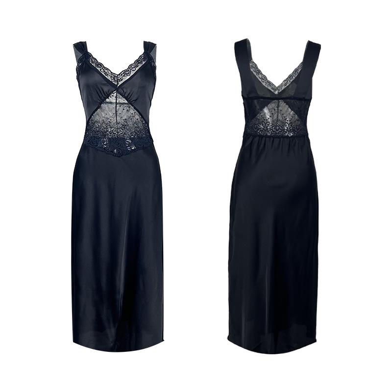 Elegant Black Lace Satin Nightgown: See-through, V-neck, Midi Length, Comfortable Camisole Dress.
