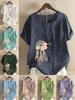 Women's Fashion Feather Flower Print Casual Cotton Linen Short Sleeve Round Neck T-shirt Shirt Leisure Loose Summer Blouse Tops