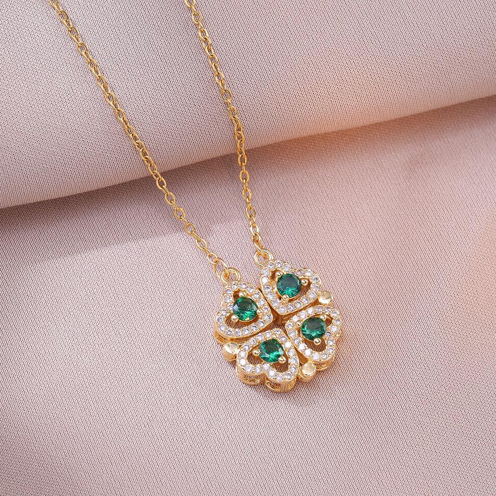 Women's Japanese Korean Folding Fashion Two-Wearing Four-Leaf Flower Heart-to-Heart Clavicle Necklace Zircon Copper Water-Wave