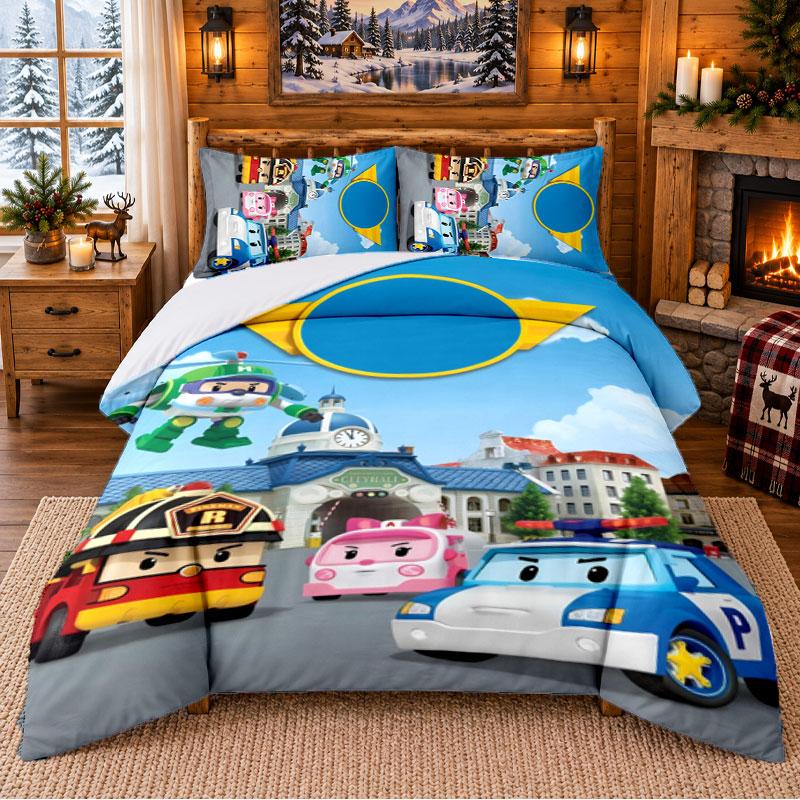 Robocar Poli Pattern Bedding 3Pcs Set Bed Sheet And Pillowcases For Indoor Bedroom