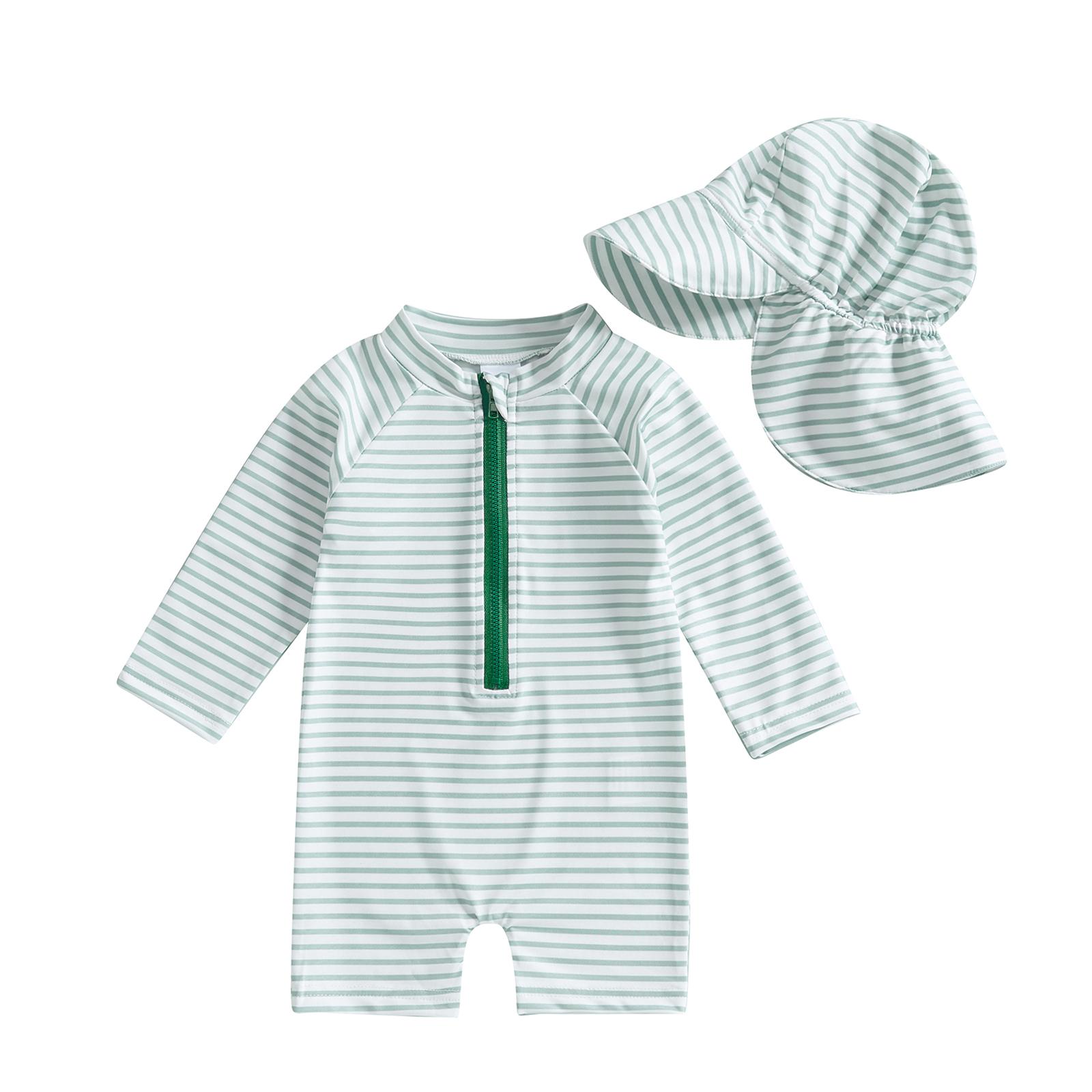 

Купальник-рашгард для мальчиков и девочек с шапочкой, комплект из 2 предметов, полосатый узор, застежка-молния, длинный рукав, вырез лодочкой, детские купальники 1-2 Years зелёный