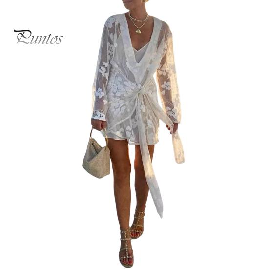 

Женское бикини-накидка с V-образным вырезом, длинным рукавом, прозрачным вышитым цветочным узором, со шнуровкой, купальник-накидка S белый
