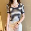 Sommer Kurzarm Gestreiftes T-Shirt Damen Gestrickte Hemden Pullover Tops Weiblich Elastisch Lässig Strick-T-Shirt Damen T-Shirts Crop Tops