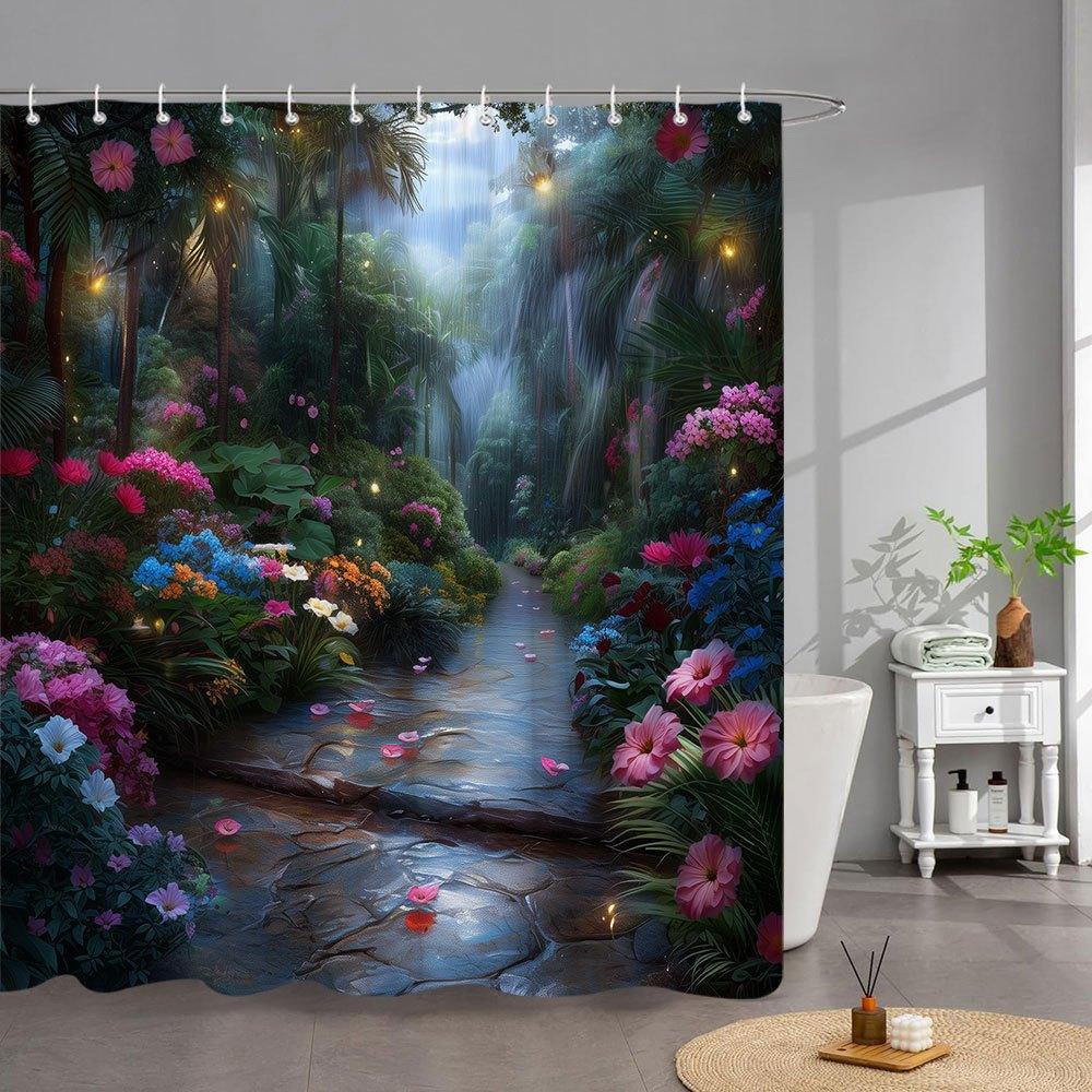 

1pc Tropical Jungle Stream Shower Curtain - Vibrant Waterfall & Floral Scene with Pink/Red/Blue/Yellow Flowers, Lush Greenery 90x180cm