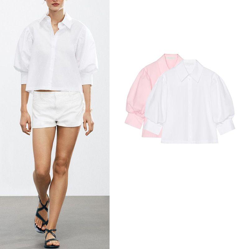 Spring and Summer New Women's Clothing Commute Leisure Decorated Row Button Cotton Puff Sleeves Poplin Lapel Shirt 2731082