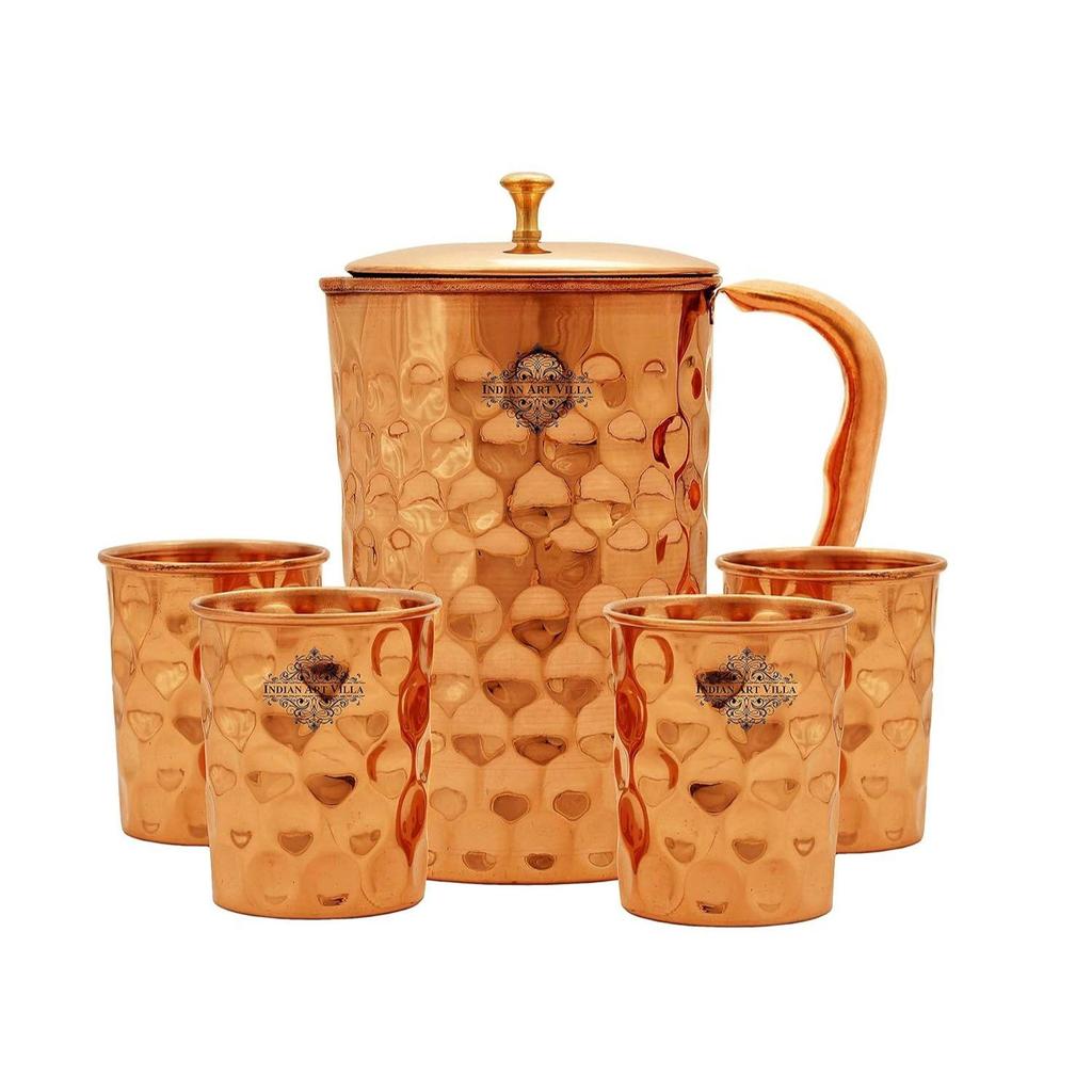 Pure Copper Drinkware Gift Set of 1 Jug & 4 Glass with Gift Box & Diamond Hammered Design, Gifting Item for Diwali, Jug-1.5 Litre & Glass-300 ML