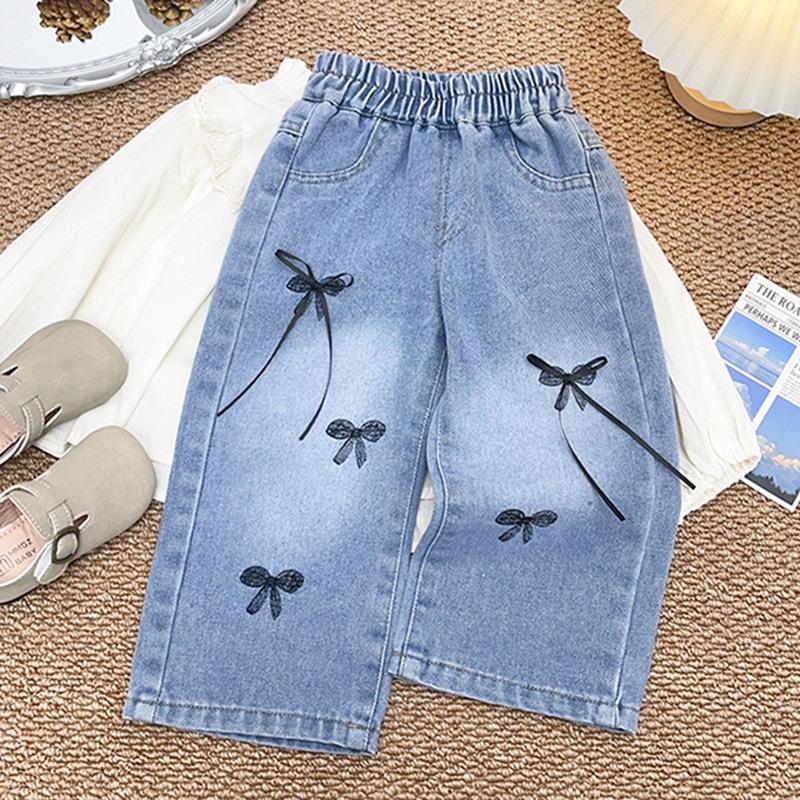 Dívčí podzimní móda 2025 Mašle Rovné džíny - Korejský styl Všestranné kalhoty pro malé holčičky