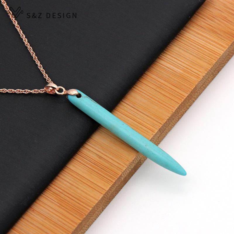 Vintage Long Synthetic Turquoises Drop Earrings Jewelry Sets For Women Rose Gold Color Pendant Necklace Gift
