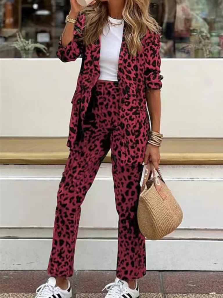 Bohemian Leopard Print Long Sleeve Top High Waist Set with Pants