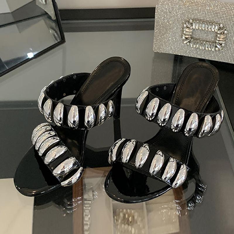 

Fashion Liyke 2025 New Fashion Metal Decor Women Slippers Sandal Fashion Open Toe Red High Heels Banquet Party Shoes Female Mules Slides 35 чёрный
