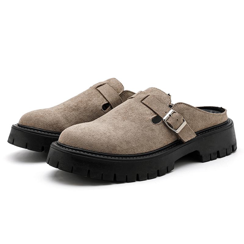 

Men s Suede Mules Slides Round Toe Backless Slippers 4CM Chunky Platform Soft Leather Comfort House Slippers 38 темные хаки