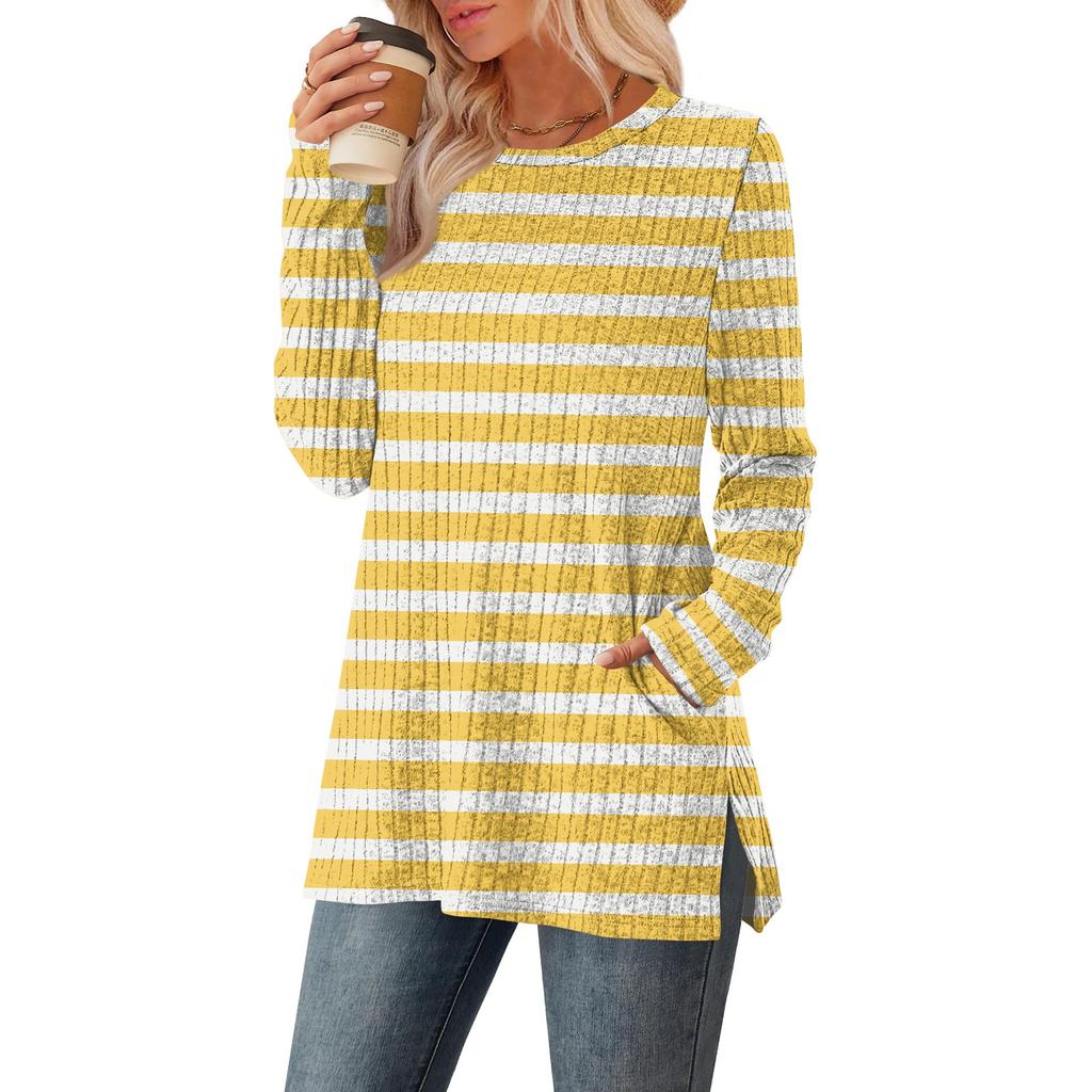 Women's Striped Printed Round-neck Long-sleeved Top With Pockets And Side Slits