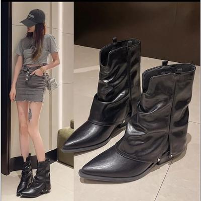 2024Design de Marcă Vârf Ascuțit Tocuri Pătrate Iarnă Cizme Înalte Concise Pantofi Dama de Birou Pliate Slip-on Cizme de Iarnă