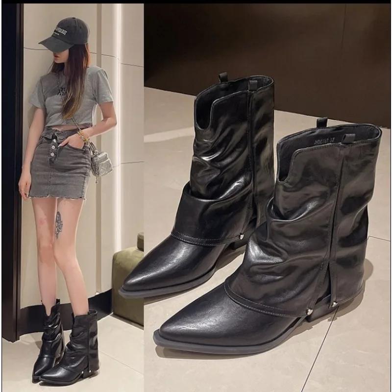 2024Brand Design Pointed Toe Square Heels  Winter High Botas Concise Office Ladies Shoes Pleated Silp-on Winter Boots
